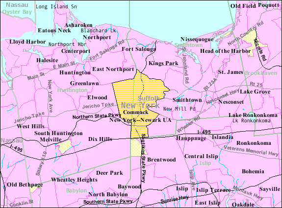 Map of Suffolk County, New York, showing towns and geographical features. Yellow highlighted area indicates the town of Smithtown.