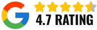 Google logo with 4.7-star rating. Four full stars and one half star. Text 