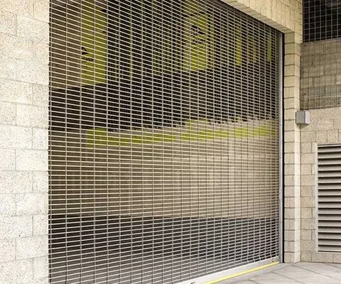 Metal security gate in a concrete building doorway.