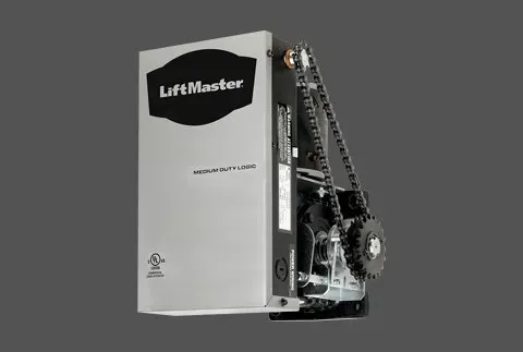 LiftMaster garage door opener with a chain drive, gray casing, and brand logo.