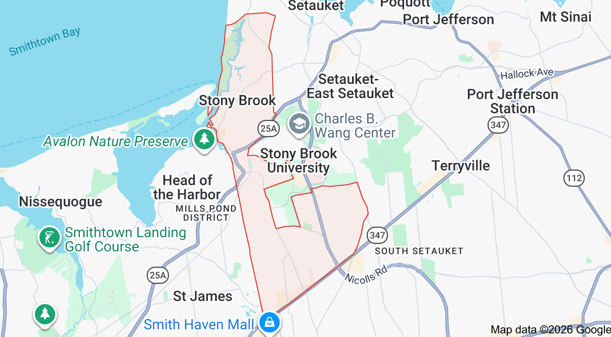 Map of Stony Brook, New York, showing surrounding towns, harbor, parks, and landmarks.