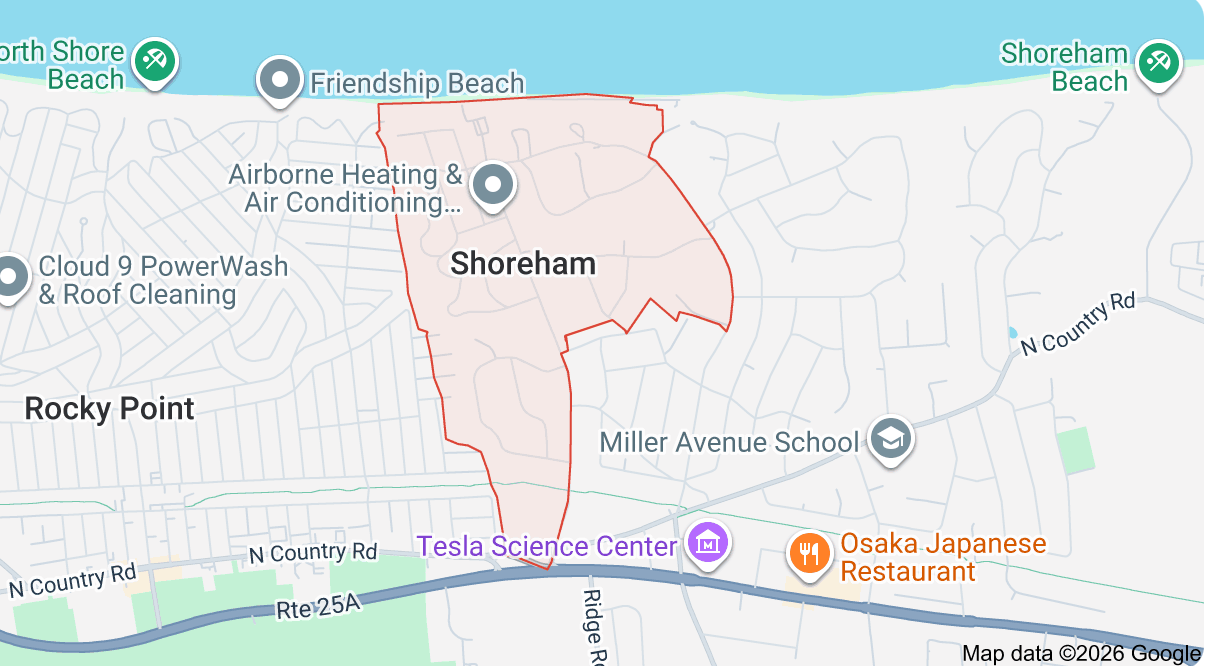 Map of Shoreham, New York, showing surrounding towns, harbor, parks, and landmarks.