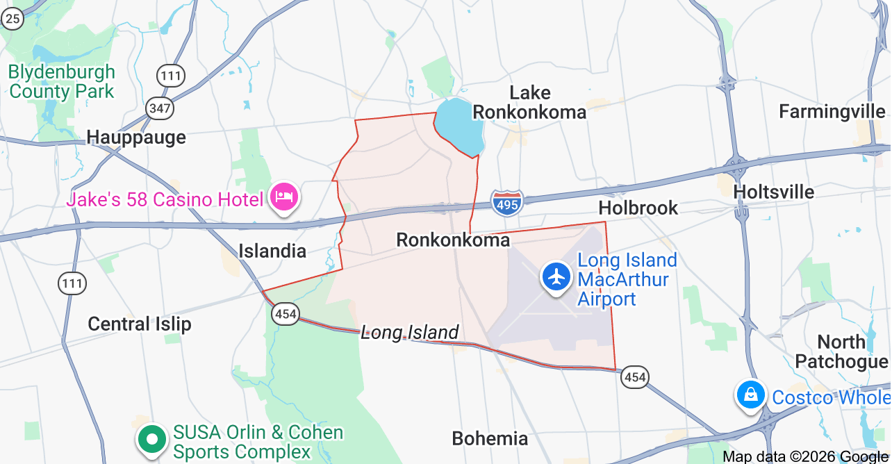 Map of Ronkonkoma , New York, showing surrounding towns, harbor, parks, and landmarks.