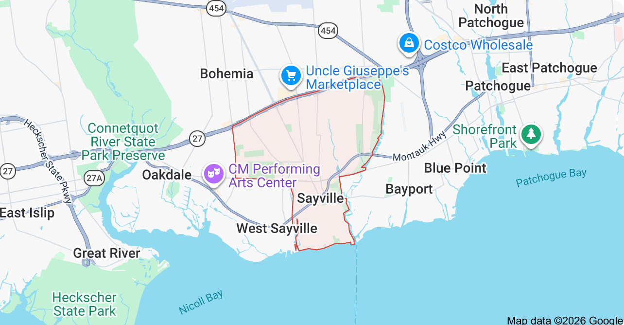 Map of Sayville , New York, showing surrounding towns, harbor, parks, and landmarks.