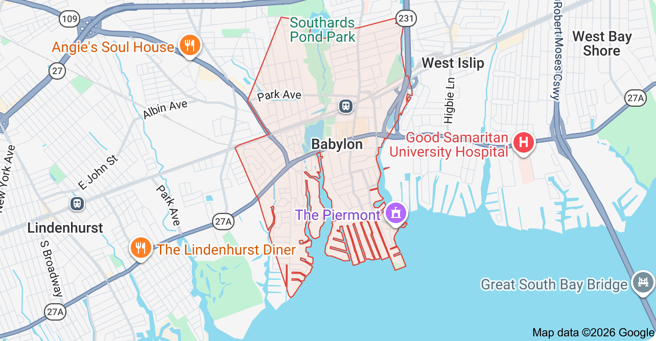 Map of Babylon , New York, showing surrounding towns.