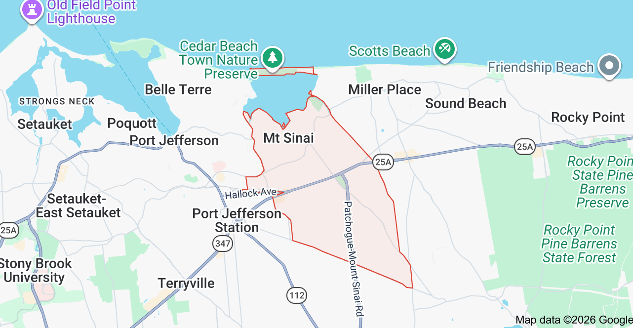 Map view of Mount Sinai, NY with a pin marking a location.