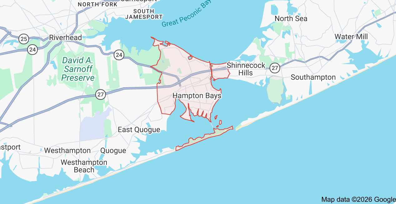 Map of Stony Brook, New York, showing surrounding towns, harbor, parks, and landmarks.