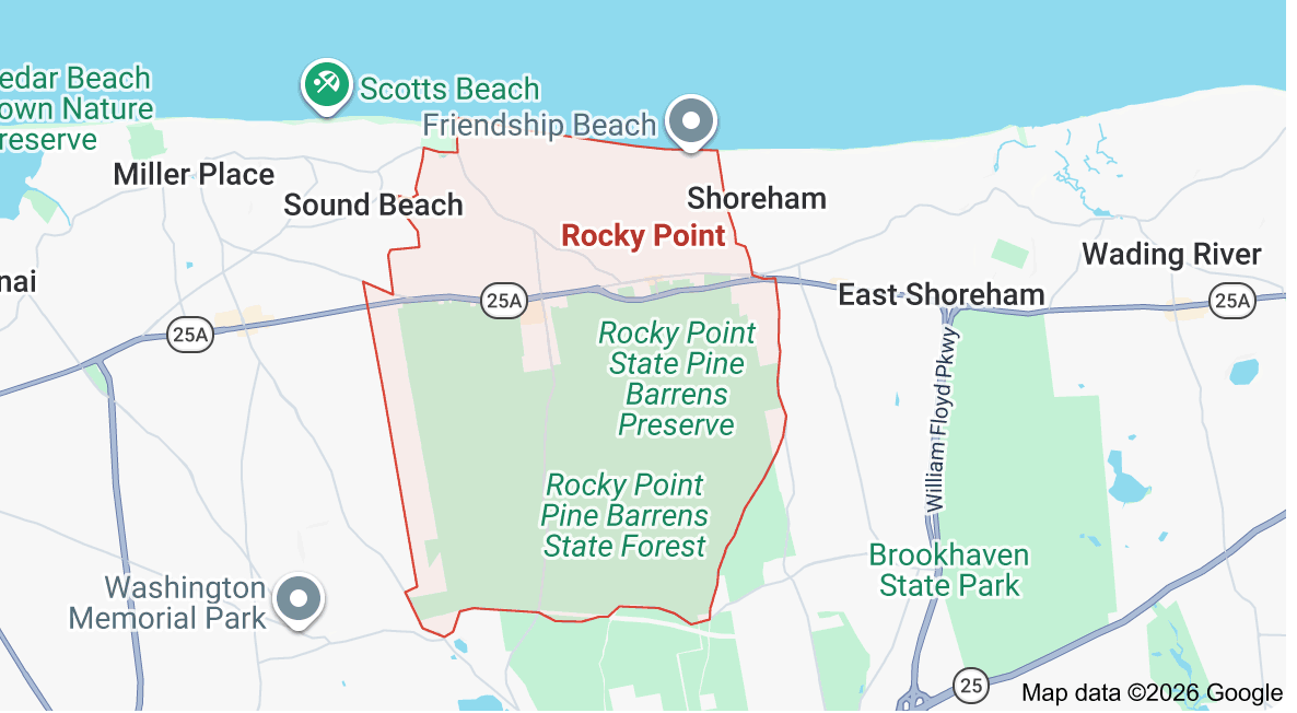 Map of Stony Brook, New York, showing surrounding towns, harbor, parks, and landmarks.