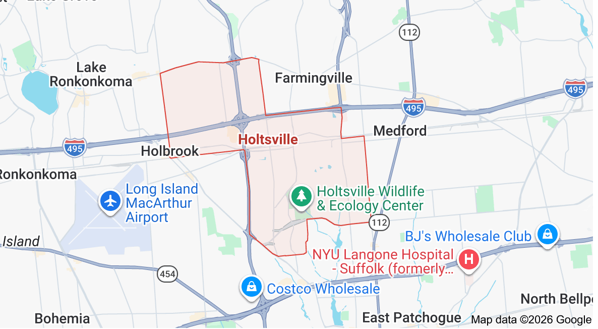Map of Holtsville, New York, showing surrounding towns, harbor, parks, and landmarks.