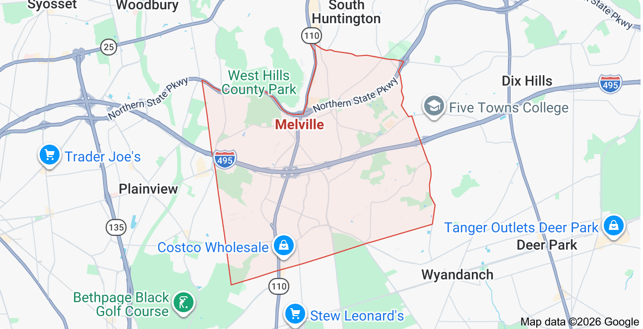 Map of Melville, New York, showing surrounding towns.