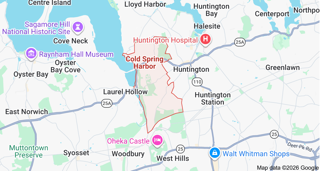 Map of Melville, New York, showing surrounding towns.