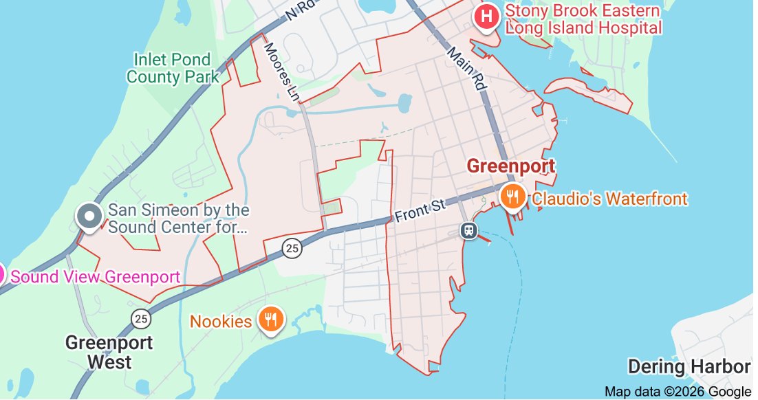 Map of Greenport, New York, showing surrounding towns.