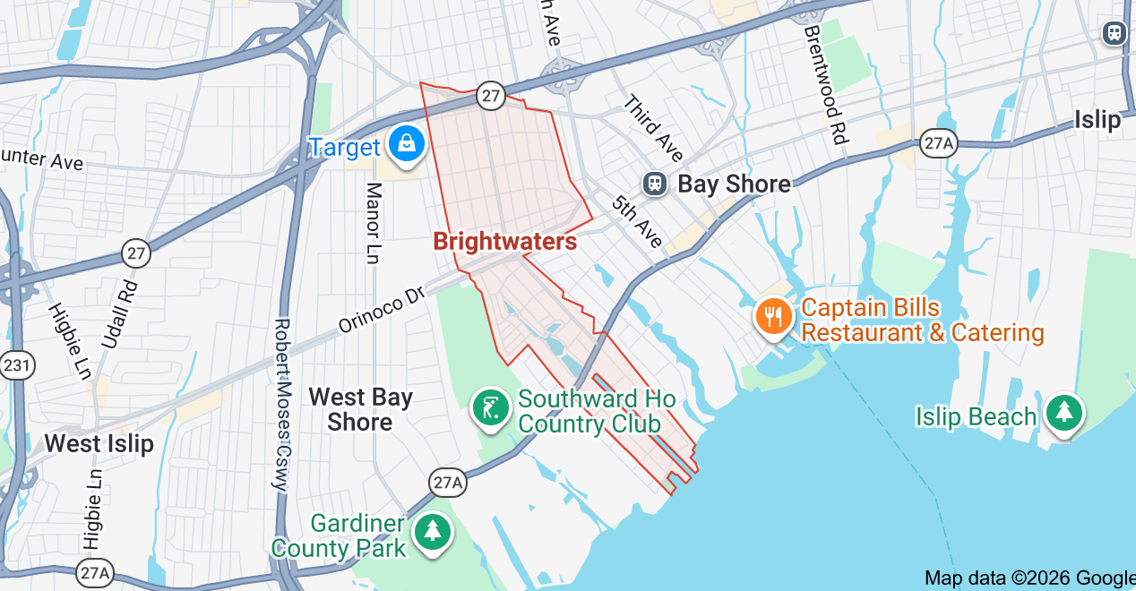 Map of Brightwaters, New York, showing surrounding towns.