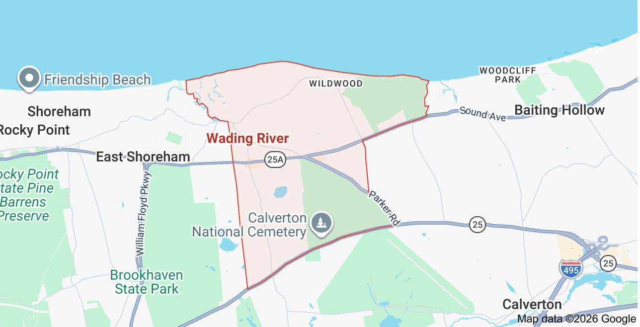Map of Wading River, New York, showing surrounding towns.