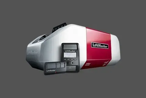 LifeMaster garage door opener with remotes; white and red housing, gray background.