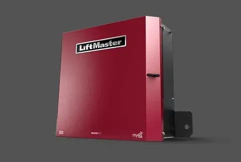 Red LiftMaster garage door opener. The unit is red with a white LiftMaster logo.
