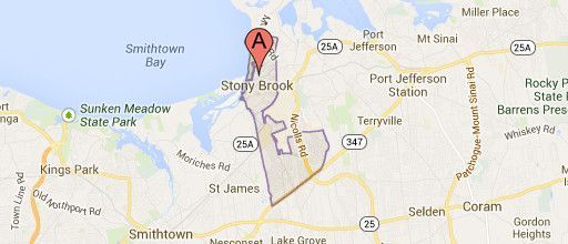 Map of Stony Brook, New York, with marker A. Surrounding towns and roads are labeled.