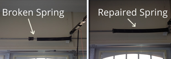 A broken garage door spring compared to a repaired spring, both mounted above a garage door.