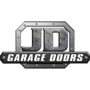 JD Garage Doors logo, metallic gray letters and frame, white text on a horizontal bar.