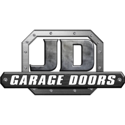 JD Garage Doors logo, metallic gray letters and frame, white text on a horizontal bar.
