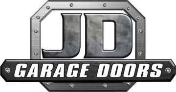 JD Garage Doors logo with metallic frame and lettering.
