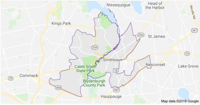 Map of Smithtown, NY, outlined in purple, with surrounding towns and parks labeled.