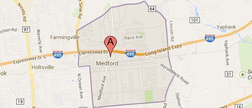 Map of Medford, NY, with a marker, and surrounding roads and towns.