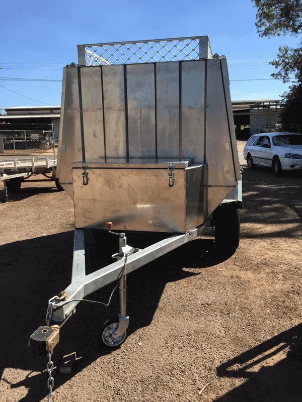 Aluminum Trailer With Storage Box and Mesh Top, Parked on Gravel — Greville Fabrication in Girraween, NSW