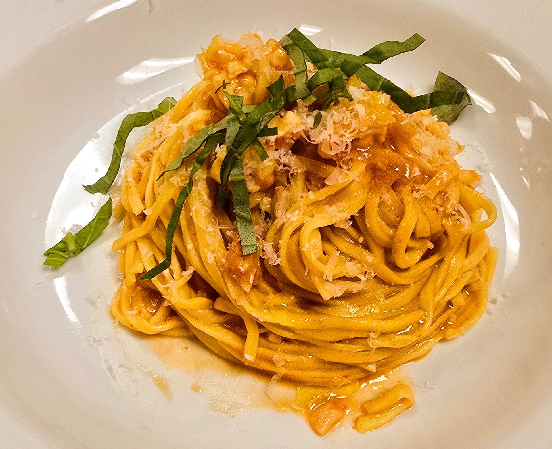 Pasta dish, yellow noodles with sauce, garnished with basil and cheese.