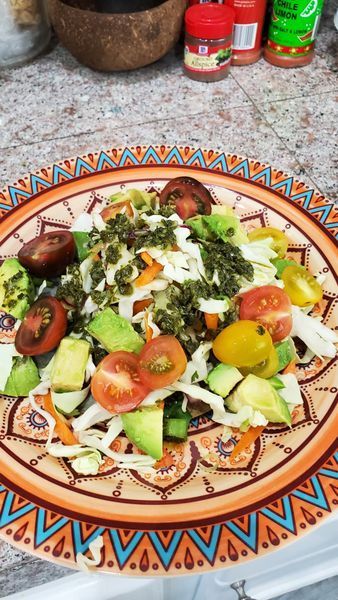 A salad with tomatoes avocado and other vegetables on a plate