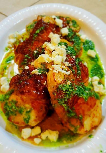 A close up of a plate of food on a table.