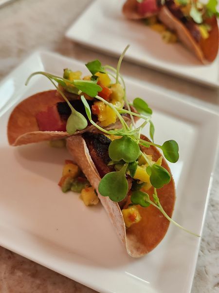A close up of a taco on a white plate