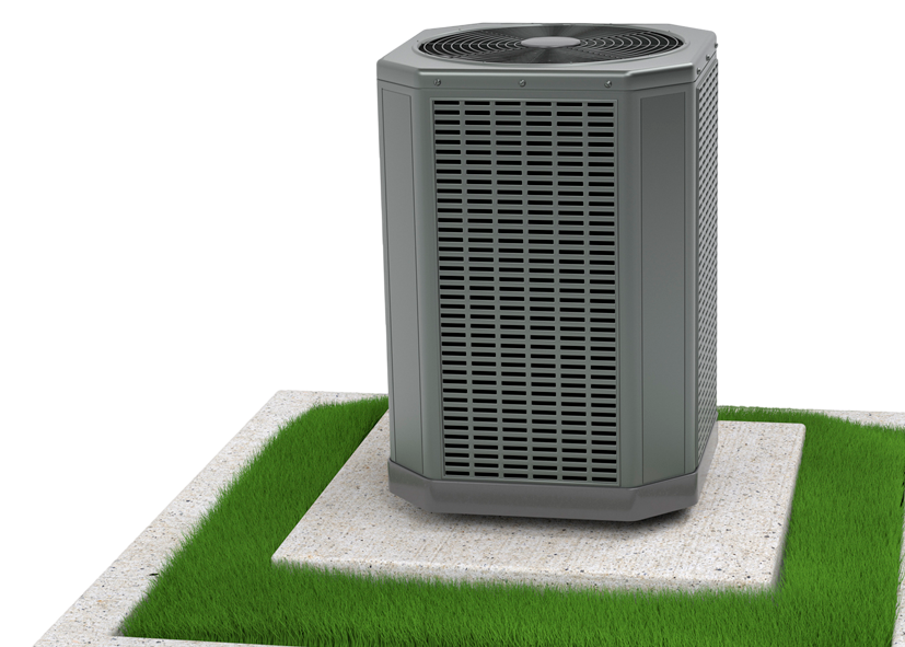 A large air conditioner is sitting on top of a grassy area.
