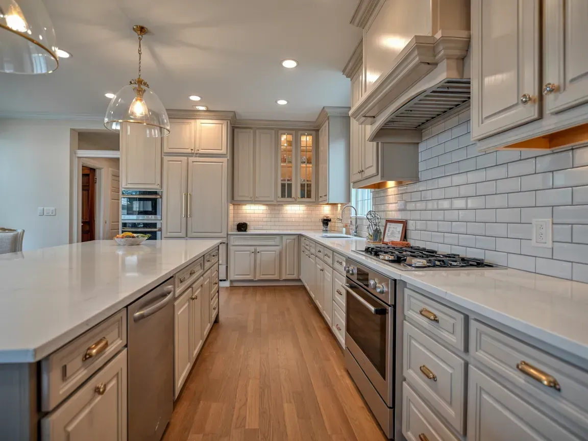 Modern white kitchen with marble island, gray cabinets, subway tile backsplash, and wood flooring