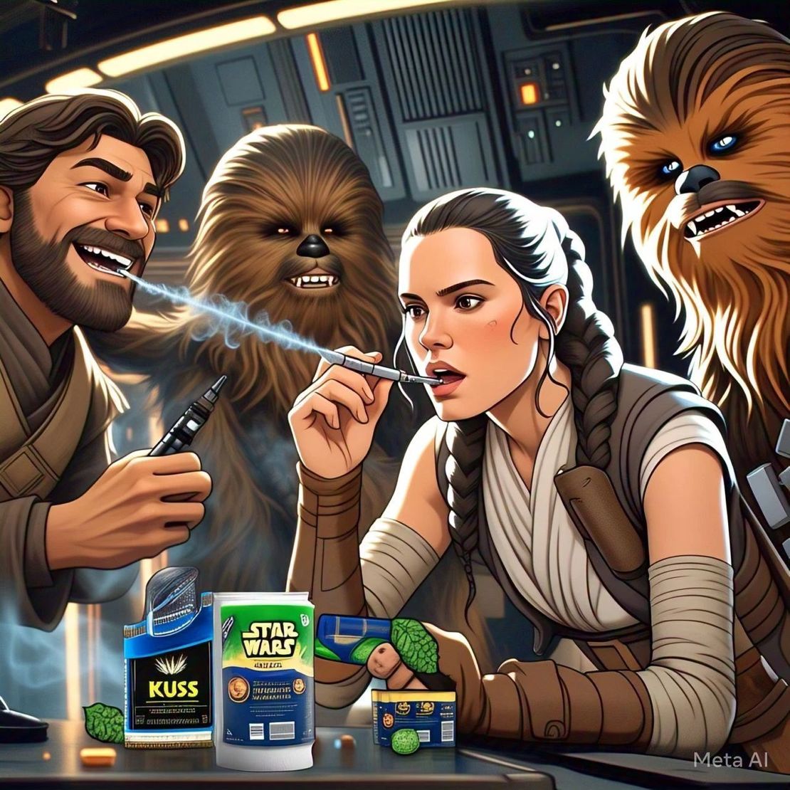 Star Wars characters in a bar, vaping, and looking at cannabis products.