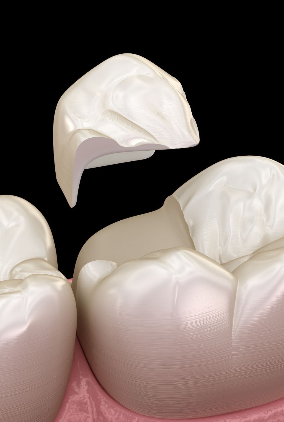 Three toothbrushes are sitting in a white cup on a marble table.