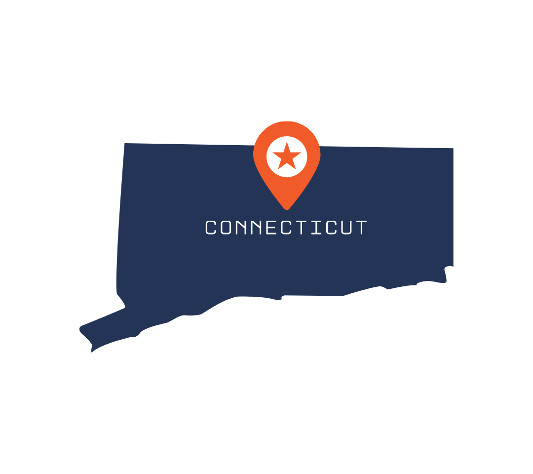 A map of connecticut with a red pin on it.