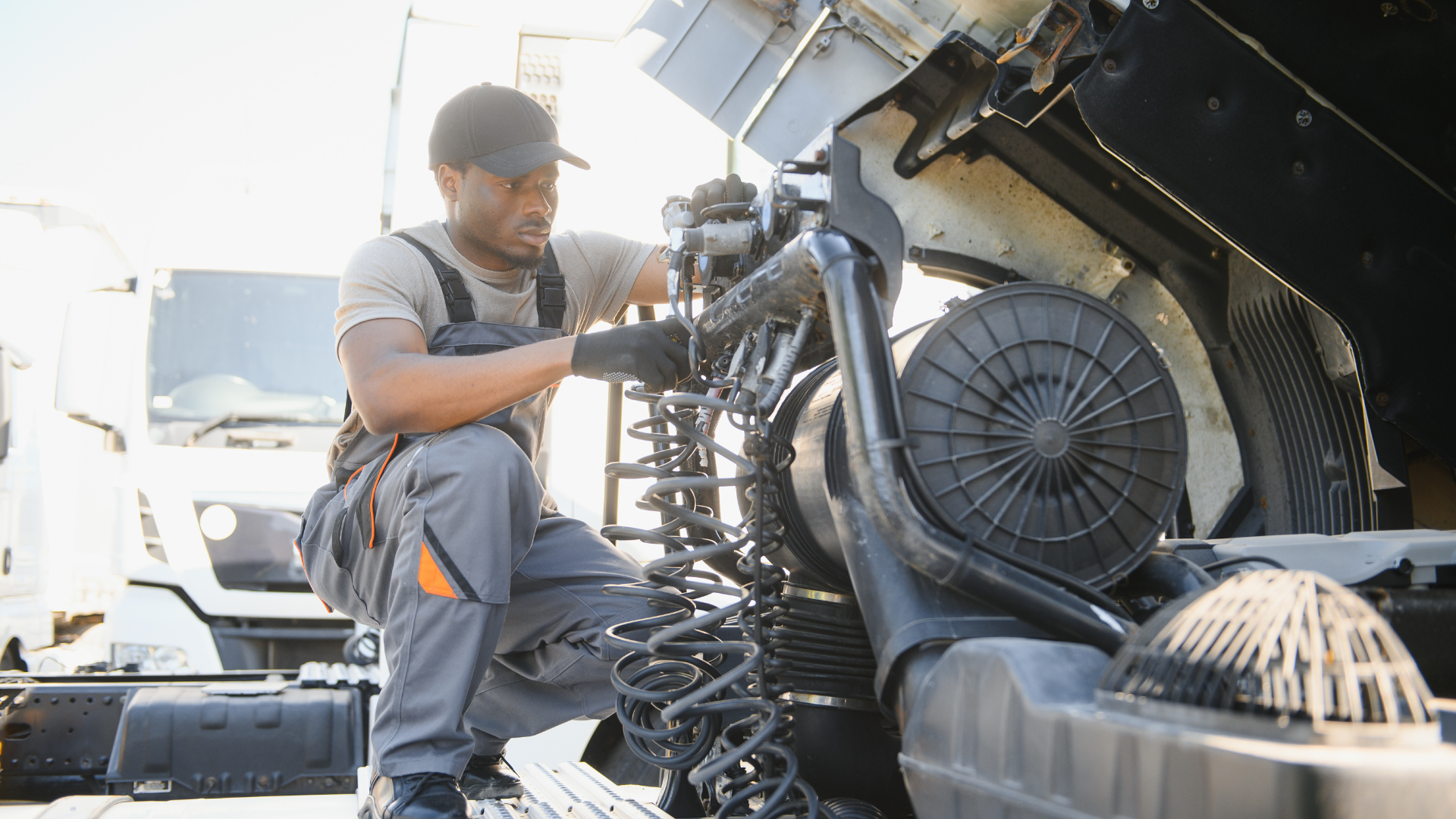 Mechanic working on the engine of a truck outdoors. Wearing gloves, overalls, and a hat.
