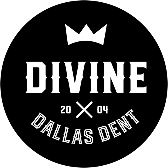 Black circular logo with white text: Divine Dallas Dent logo