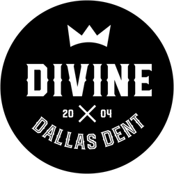 Black circular logo with white text: Divine Dallas Dent logo