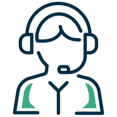 A line drawing of a man wearing headphones and a headset.