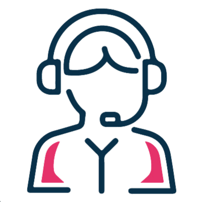 A line drawing of a man wearing a headset.