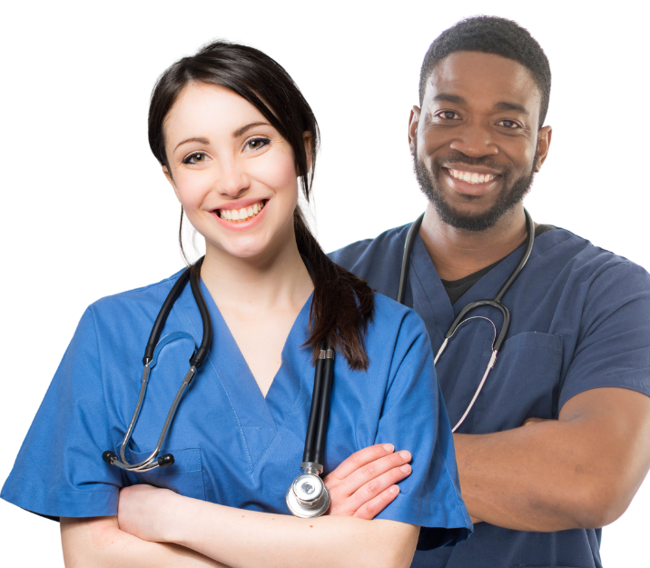 A man and a woman standing next to each other with their arms crossed