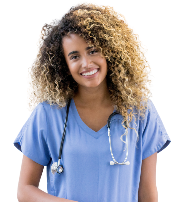 A woman in a blue scrub top with a stethoscope around her neck is smiling.