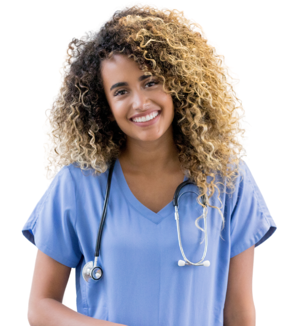 A woman in a blue scrub with a stethoscope around her neck is smiling.