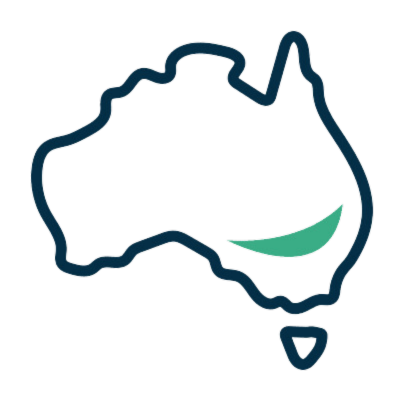 A line drawing of a map of australia with a green stripe.