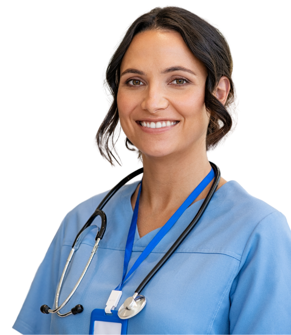 A smiling nurse with a stethoscope around her neck