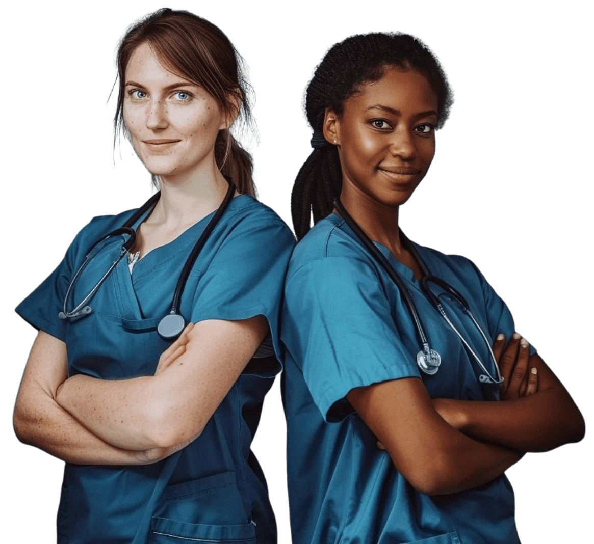 Two nurses are standing back to back with their arms crossed.