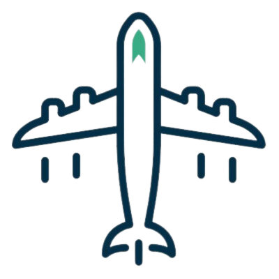 A line drawing of an airplane with a green arrow pointing up.