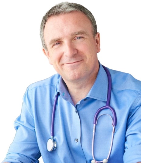 A man in a blue shirt with a stethoscope around his neck